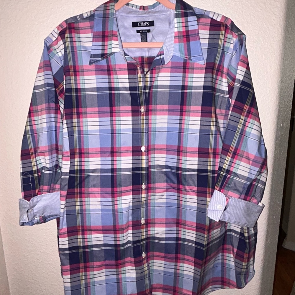 Chaps Vibrant Plaid Shirt in Blue, Pink, and White